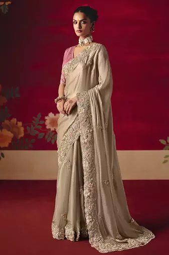 Beige fancy fabric embroidered thread work classic saree