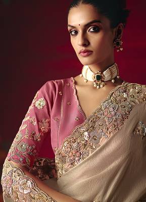 Beige fancy fabric embroidered work saree 2