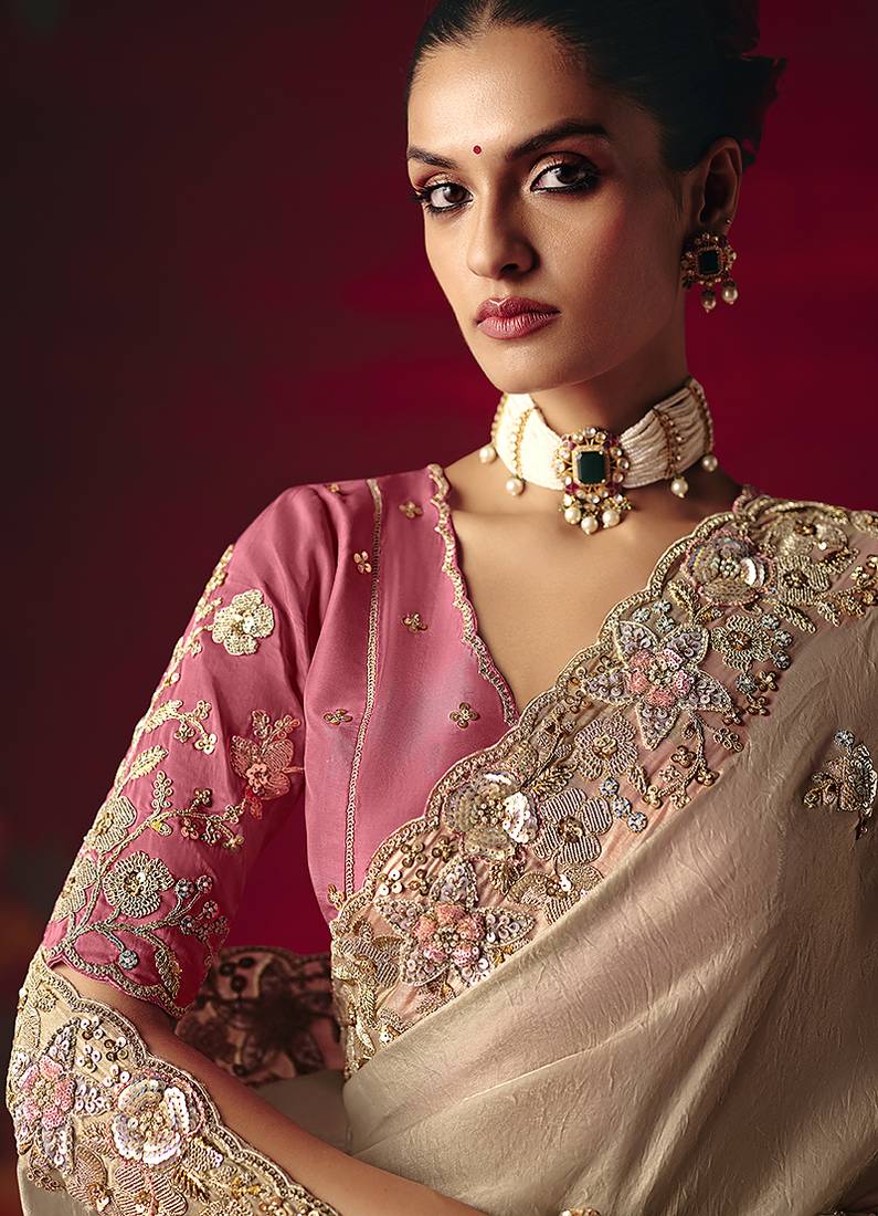 Beige fancy fabric embroidered thread work classic saree