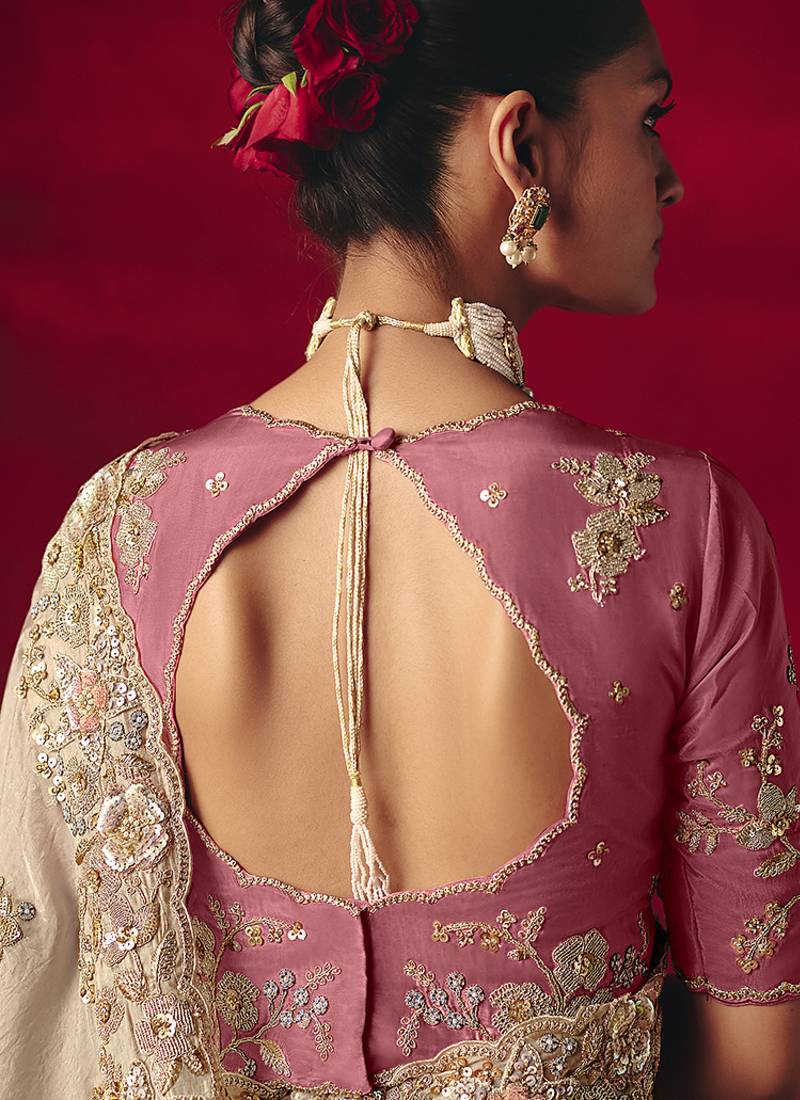 Beige fancy fabric embroidered thread work classic saree