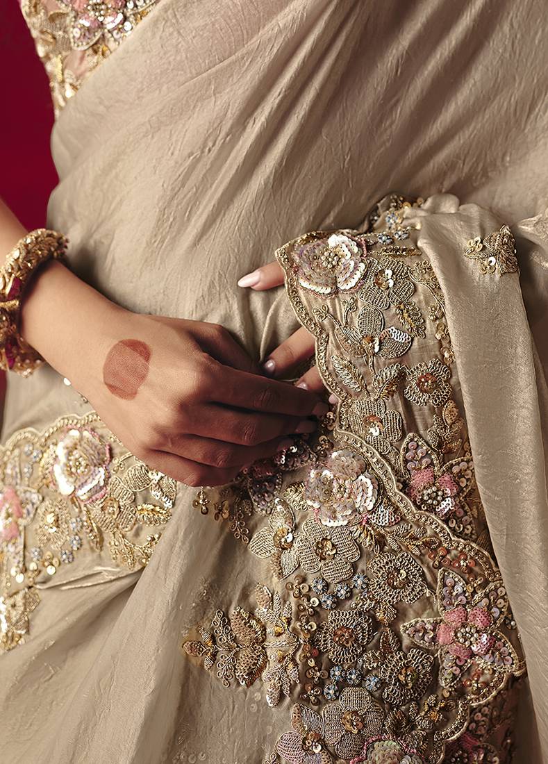 Beige fancy fabric embroidered thread work classic saree