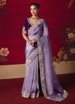 Lavender fancy fabric embroidered work saree 1