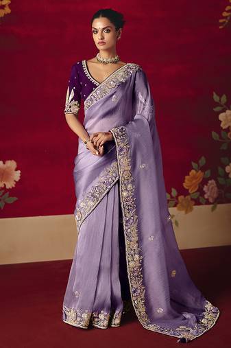 Lavender fancy fabric embroidered thread work classic saree