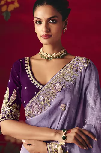 Lavender fancy fabric embroidered work saree