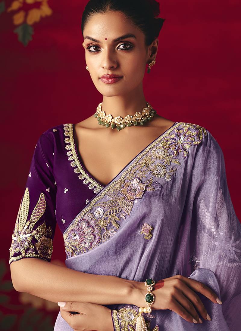 Lavender fancy fabric embroidered thread work classic saree