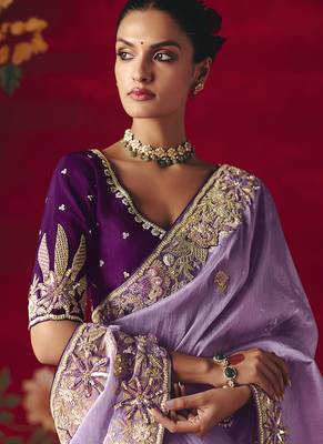 Lavender fancy fabric embroidered work saree 3