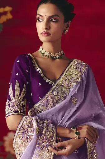 Lavender fancy fabric embroidered work saree