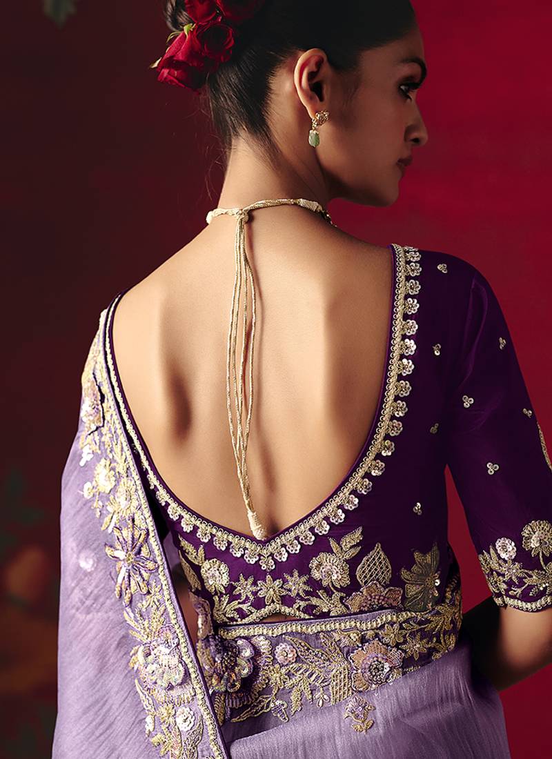 Lavender fancy fabric embroidered thread work classic saree