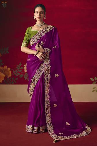 Purple fancy fabric embroidered thread work classic saree