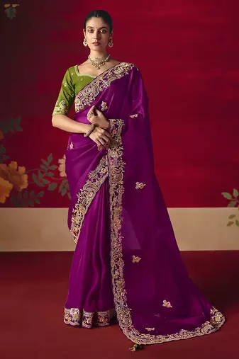 Purple fancy fabric embroidered thread work classic saree