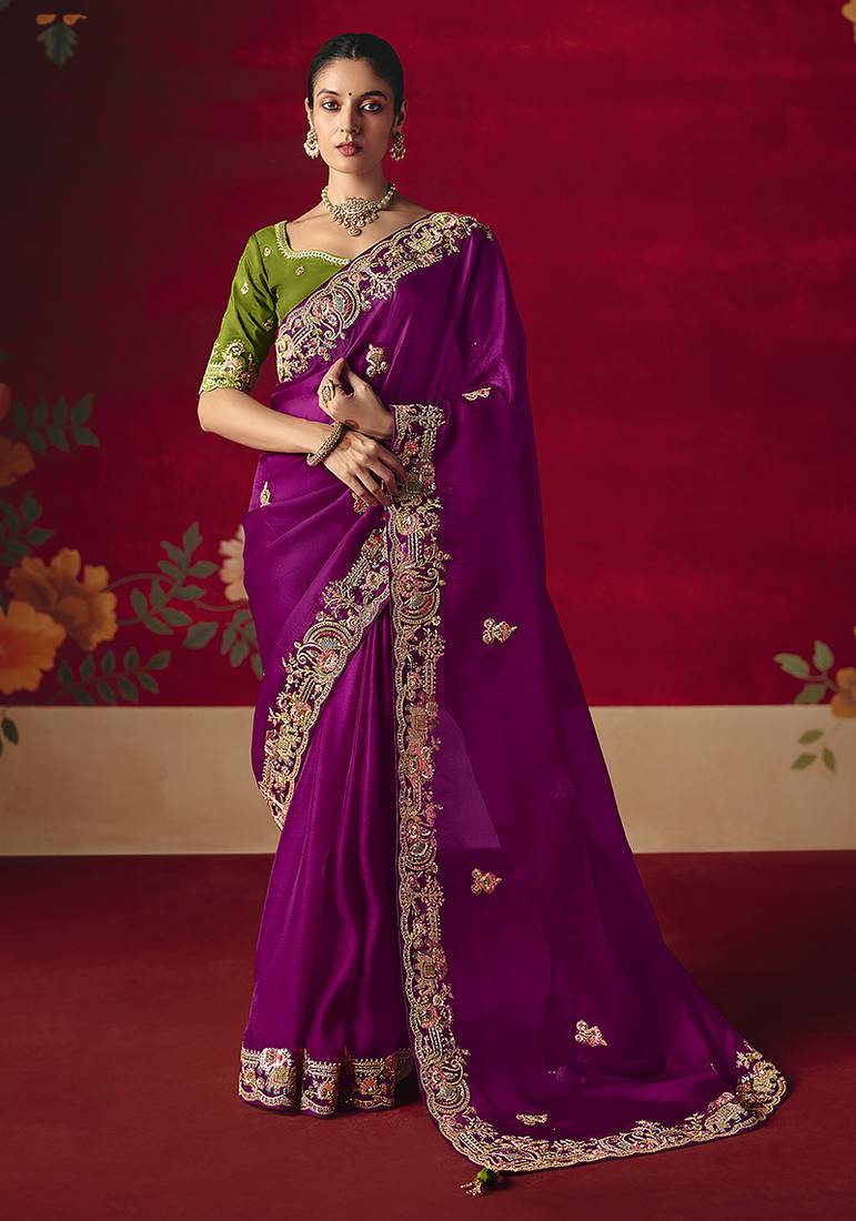 Purple fancy fabric embroidered thread work classic saree
