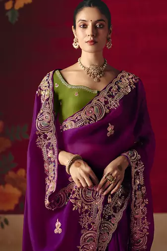 Purple fancy fabric embroidered work saree
