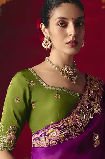 Purple fancy fabric embroidered work saree