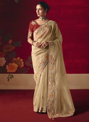 Beige fancy fabric embroidered work saree 1
