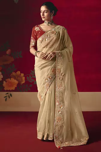 Beige fancy fabric embroidered thread work classic saree