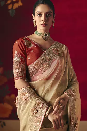 Beige fancy fabric embroidered work saree