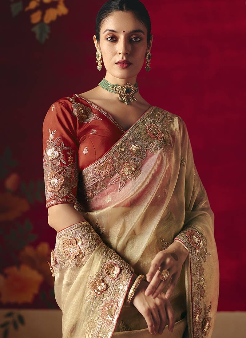 Beige fancy fabric embroidered thread work classic saree