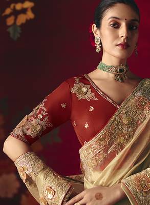 Beige fancy fabric embroidered work saree 3
