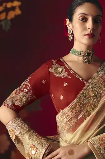Beige fancy fabric embroidered work saree