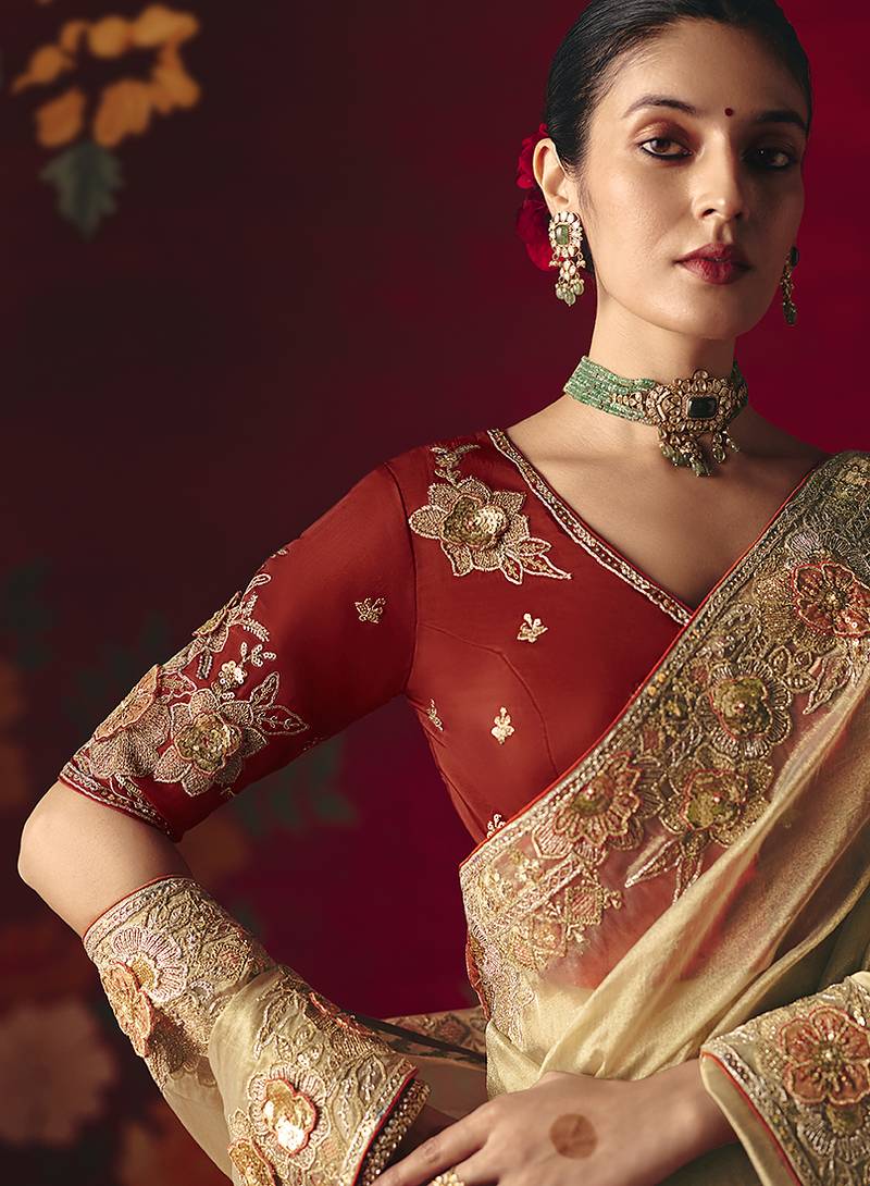 Beige fancy fabric embroidered thread work classic saree