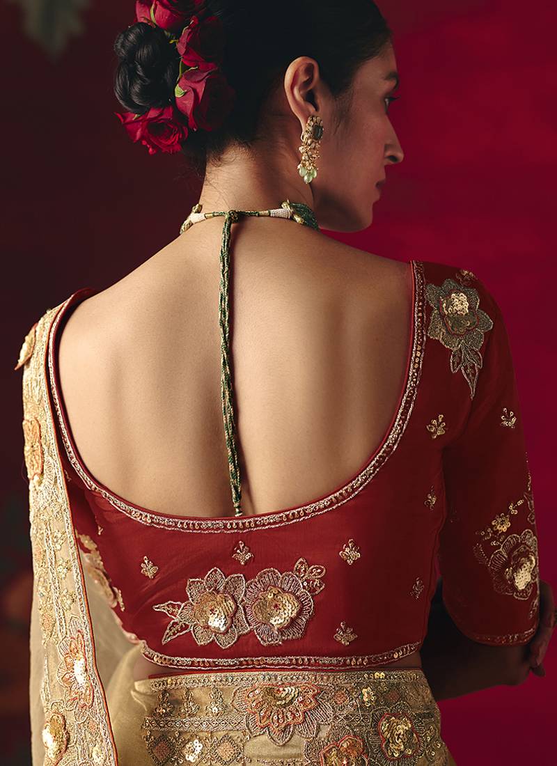 Beige fancy fabric embroidered thread work classic saree