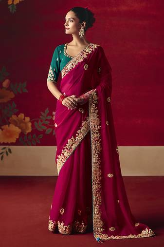 Rani pink fancy fabric embroidered thread work classic saree