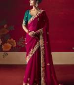Rani pink fancy fabric embroidered thread work classic saree