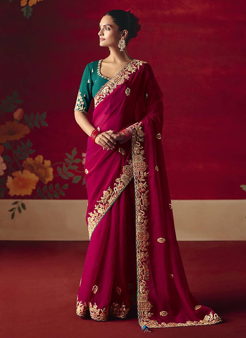 Rani pink fancy fabric embroidered thread work classic saree