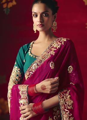 Rani pink fancy fabric embroidered work saree 2