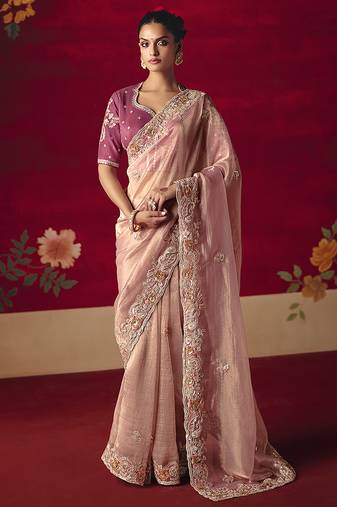 Light pink fancy fabric embroidered thread work classic saree