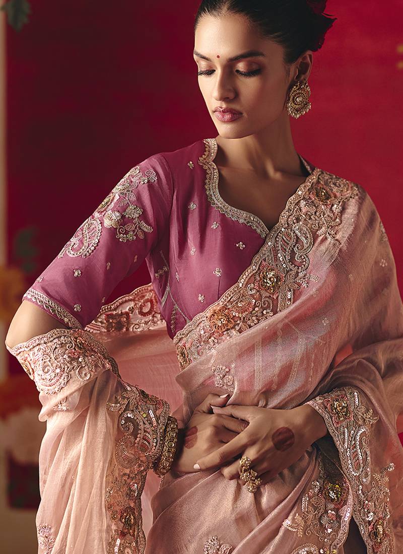 Light pink fancy fabric embroidered thread work classic saree