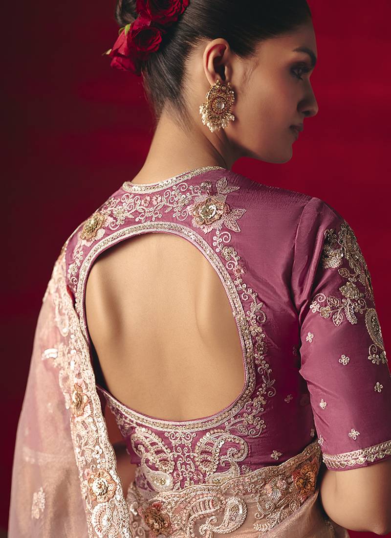 Light pink fancy fabric embroidered thread work classic saree