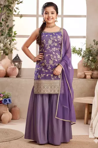 Purple Shimmer readymade Sharara Suit For Kids Girls