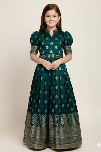  Green jacquard Silk Fabric ReadyMade Gown Dress For Kids Girls