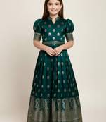  Green jacquard Silk Fabric ReadyMade Gown Dress For Kids Girls