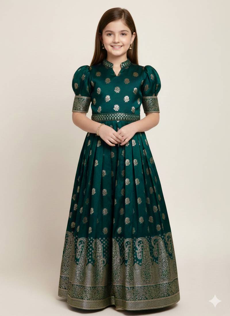  Green jacquard Silk Fabric ReadyMade Gown Dress For Kids Girls