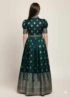  Green jacquard Silk Fabric ReadyMade Gown Dress For Kids Girls 2