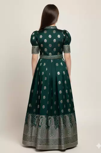  Green jacquard Silk Fabric ReadyMade Gown Dress For Kids Girls