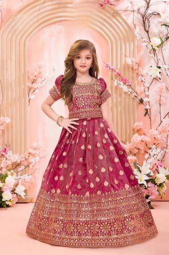  Pink Banarasi Jacquard Zari Weaving Readymade Lehenga Choli for girls 