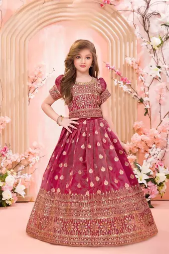  Pink Banarasi Jacquard Zari Weaving Readymade Lehenga Choli for girls 