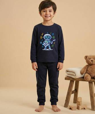 Boys cotton navy blue rockstar robot printed nightsuit 1