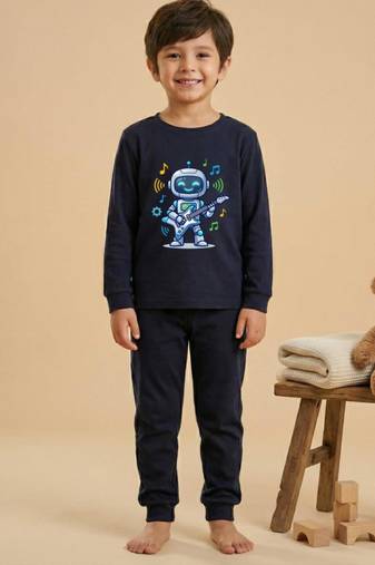 Boys cotton navy blue rockstar robot printed nightsuit
