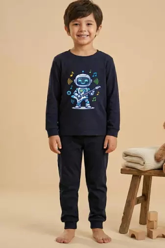 Boys cotton navy blue rockstar robot printed nightsuit