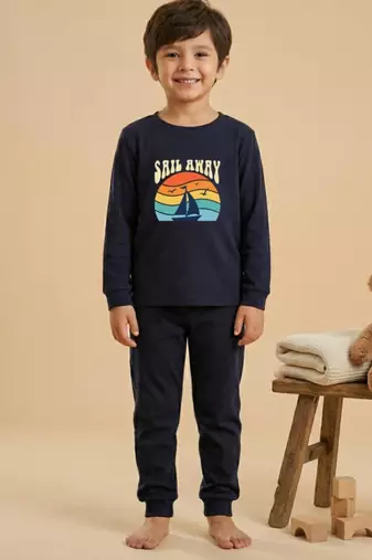 Boys cotton navy blue sunset sailing printed nightsuit