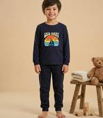 Boys cotton navy blue sunset sailing printed nightsuit