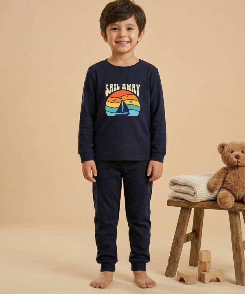 Boys cotton navy blue sunset sailing printed nightsuit