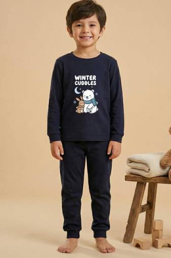 Boys cotton navy blue cuddly winter printed nightsuit