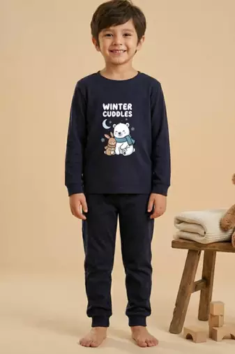Boys cotton navy blue cuddly winter printed nightsuit