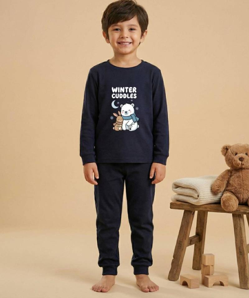Boys cotton navy blue cuddly winter printed nightsuit