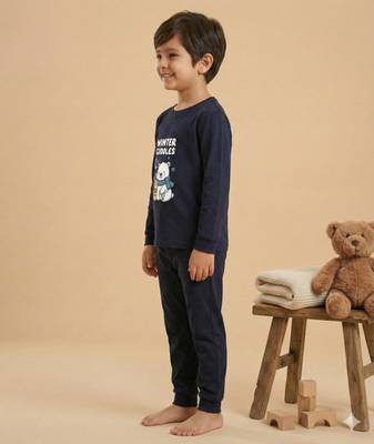 Boys cotton navy blue cuddly winter printed nightsuit 3